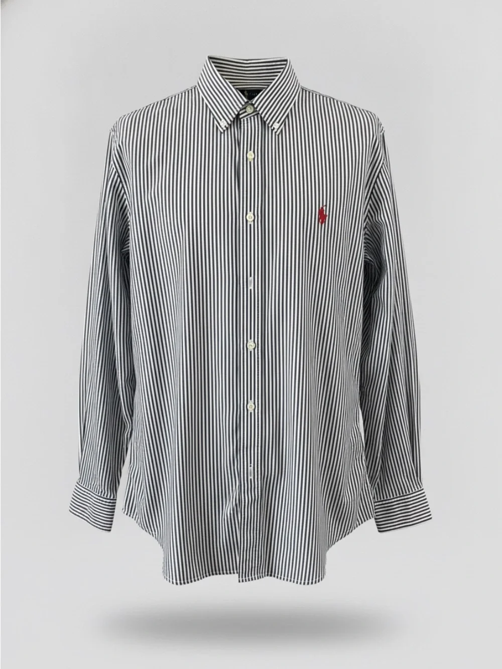 Polo by Ralph Lauren Navy and White Striped Button-Down Shirt with Red Pony